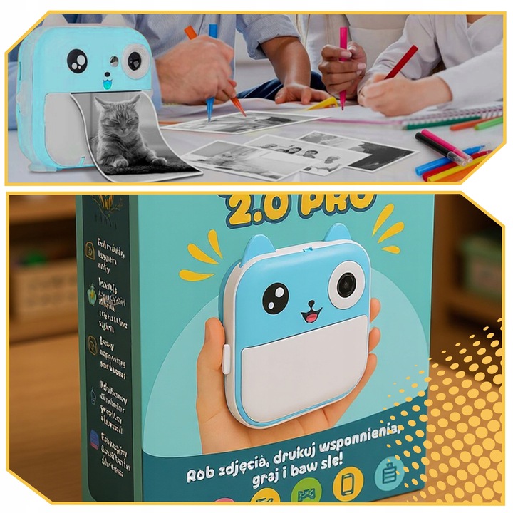 DRUKUŚ MINI DRUKARKA 2.0 APARAT NATYCHMIASTOWY PAPIER TERMICZNY 23 ROLKI Konstrukcja ekran LCD